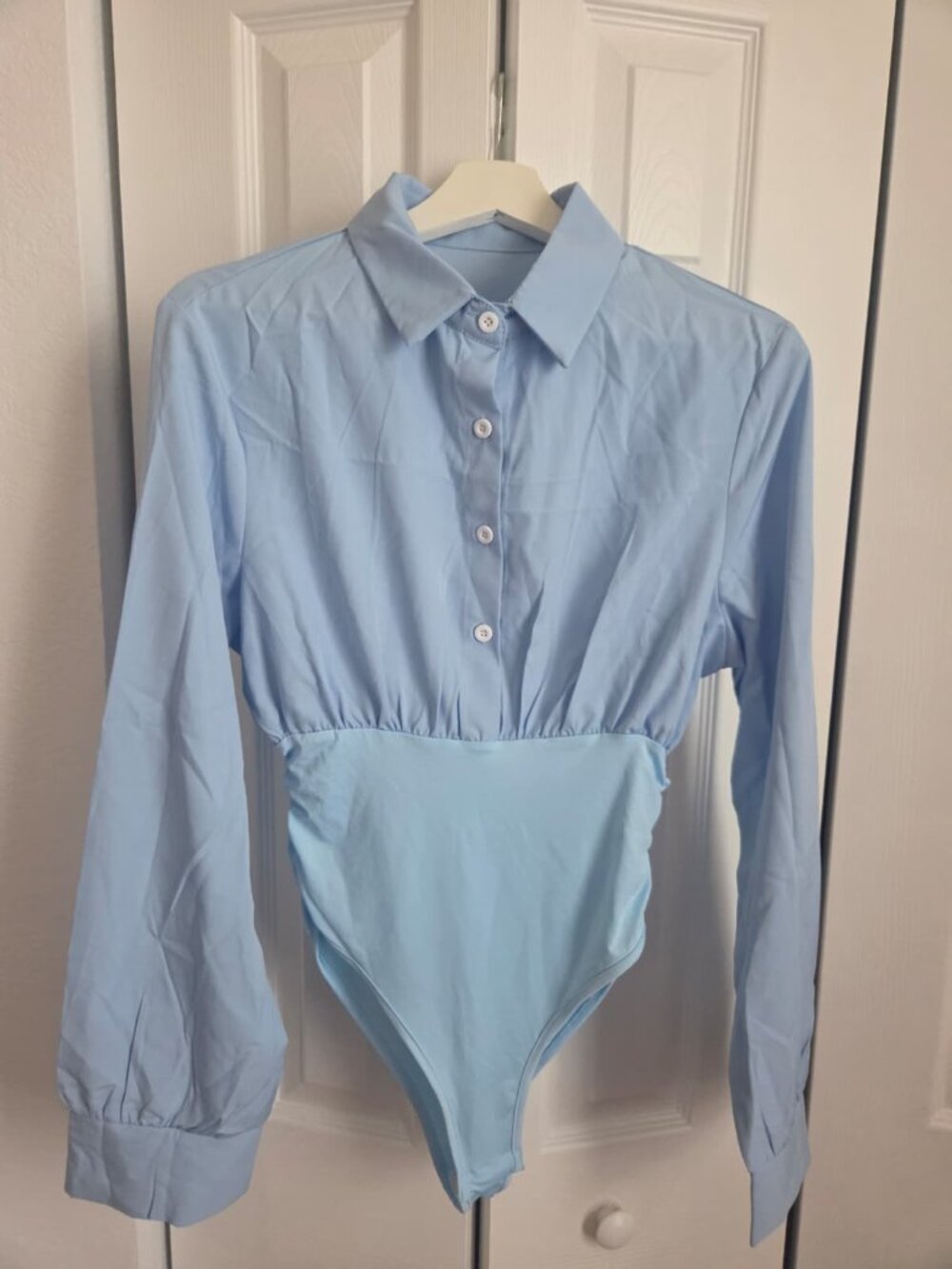 SHEIN Light Blue Collared Long Sleeve Bodysuit Size L